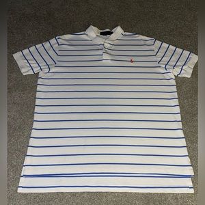 VTG Mens Ralph Lauren Polo Blue and White Short Sleeve Shirt XL Orange Pony Logo